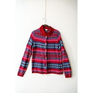 Talbots Petites womens L button cardigan sweater Fair isle red blue cotton knit